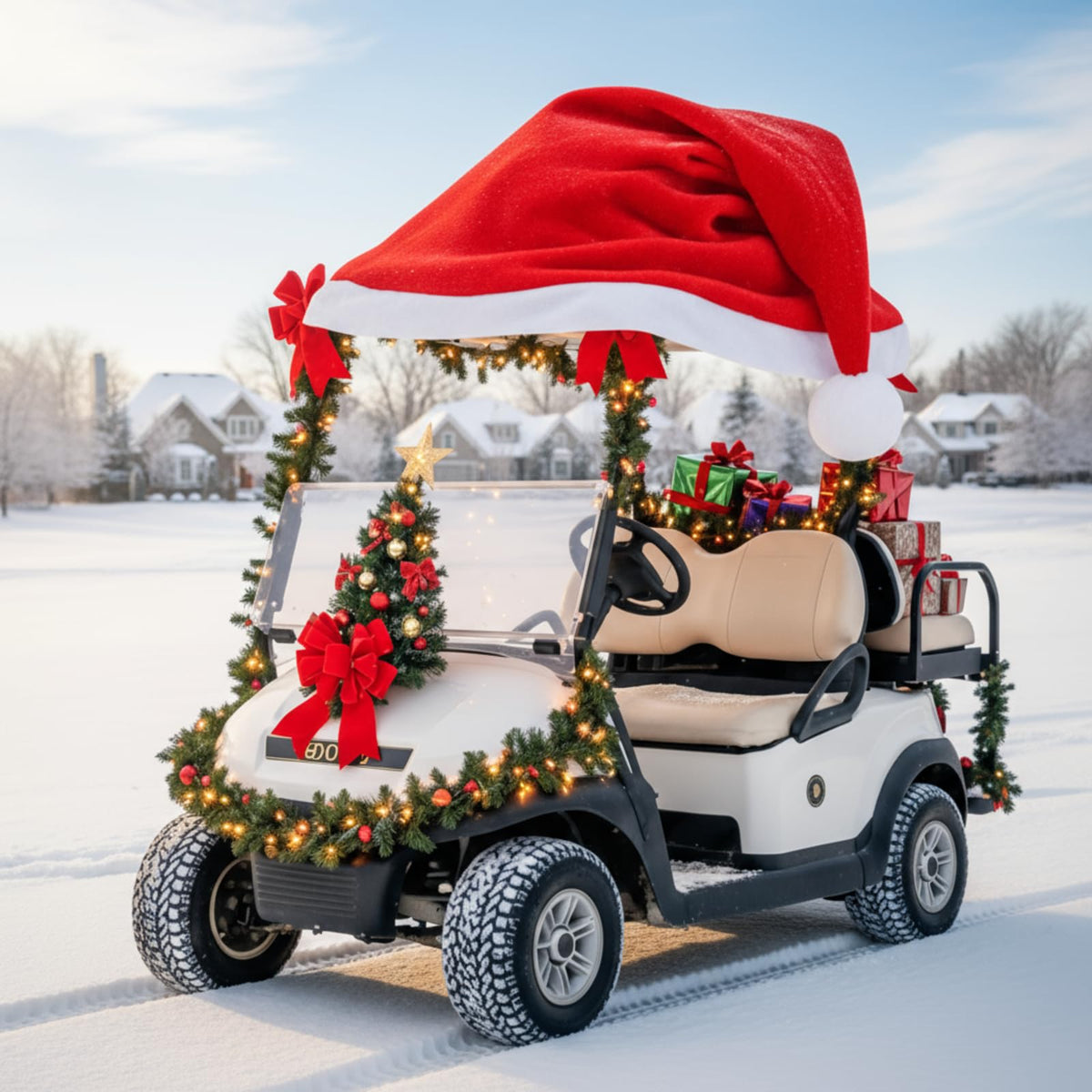 Datanly 18ft velvet Santa hat on car front view for festive drive-by cheer