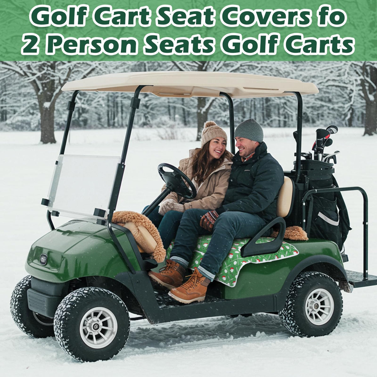 Datanly Christmas in July patterned seat covers on a golf cart