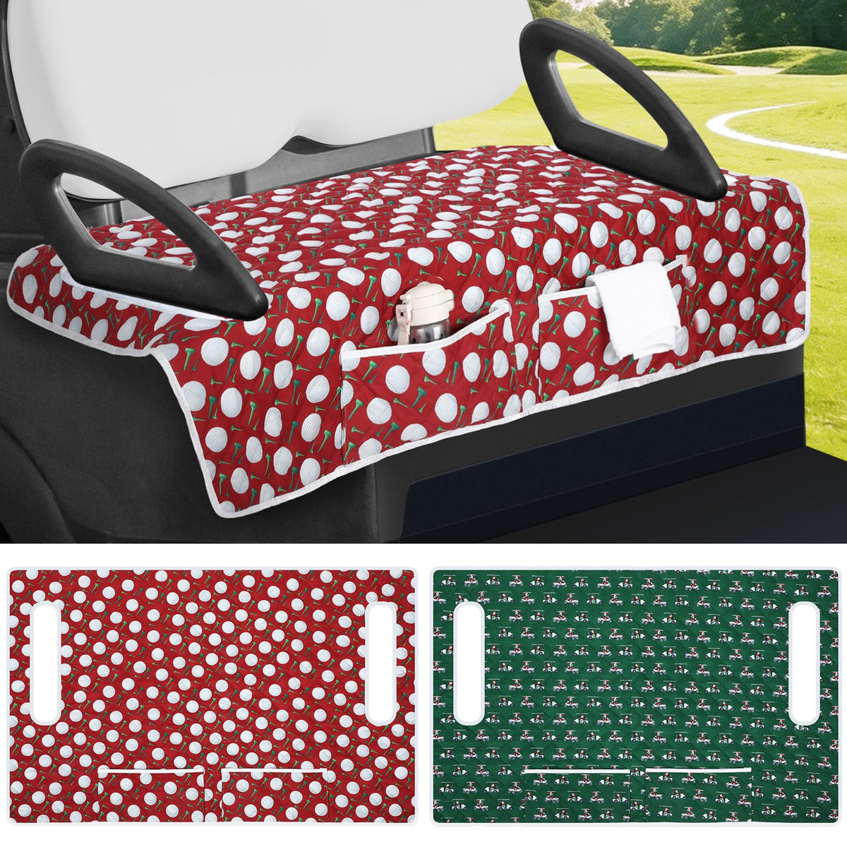 Datanly Christmas in July seat cover for two-seat golf carts with festive design.