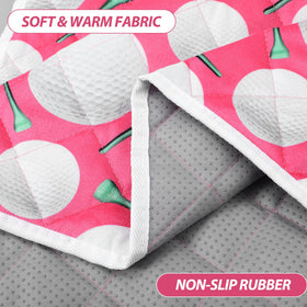 Soft pink golf cart seat blanket adds warmth on cool mornings.