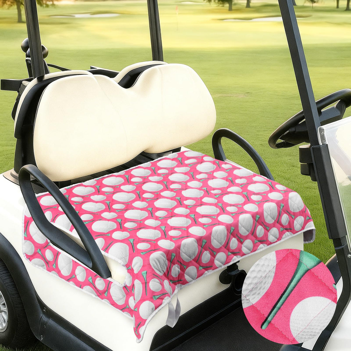 Datanly pink seat cover for two-person golf carts with plush comfort.