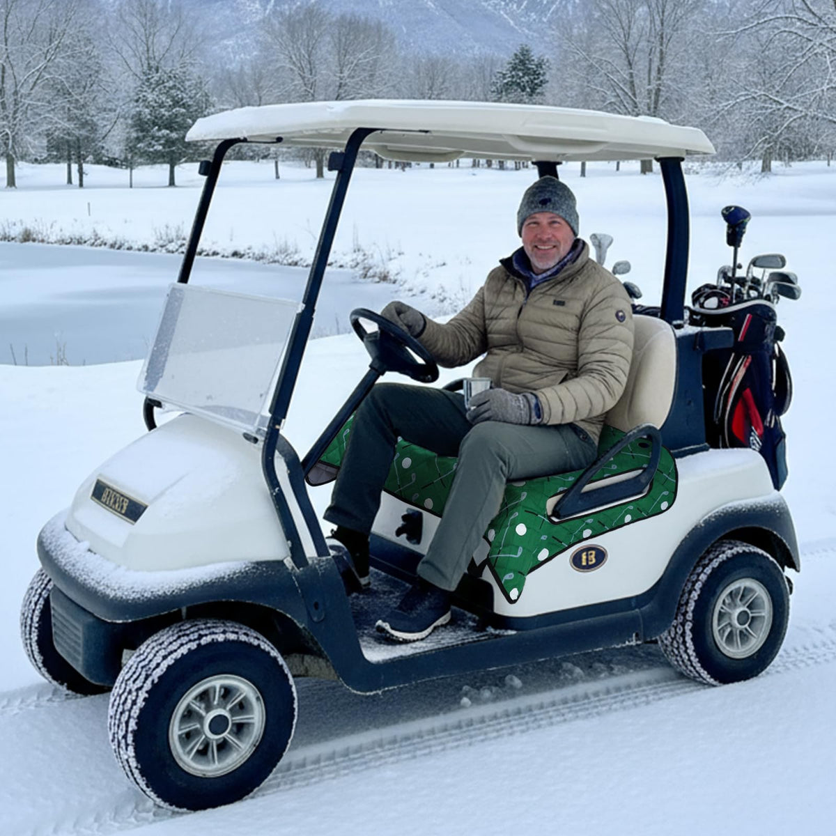 Datanly waterproof golf cart cover protects seats from rain and spills.