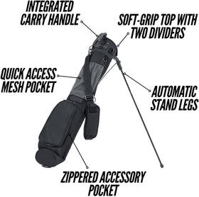 Top-handle and adjustable strap highlight easy transport during a round.