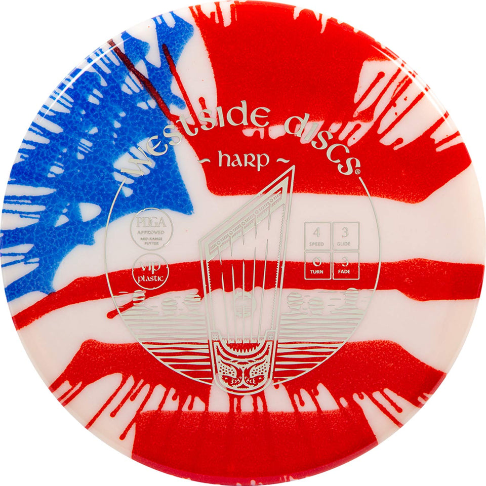 DD Dynamic Discs VIP MyDye Harp American Flag front view for precise forehand and backhand approaches.