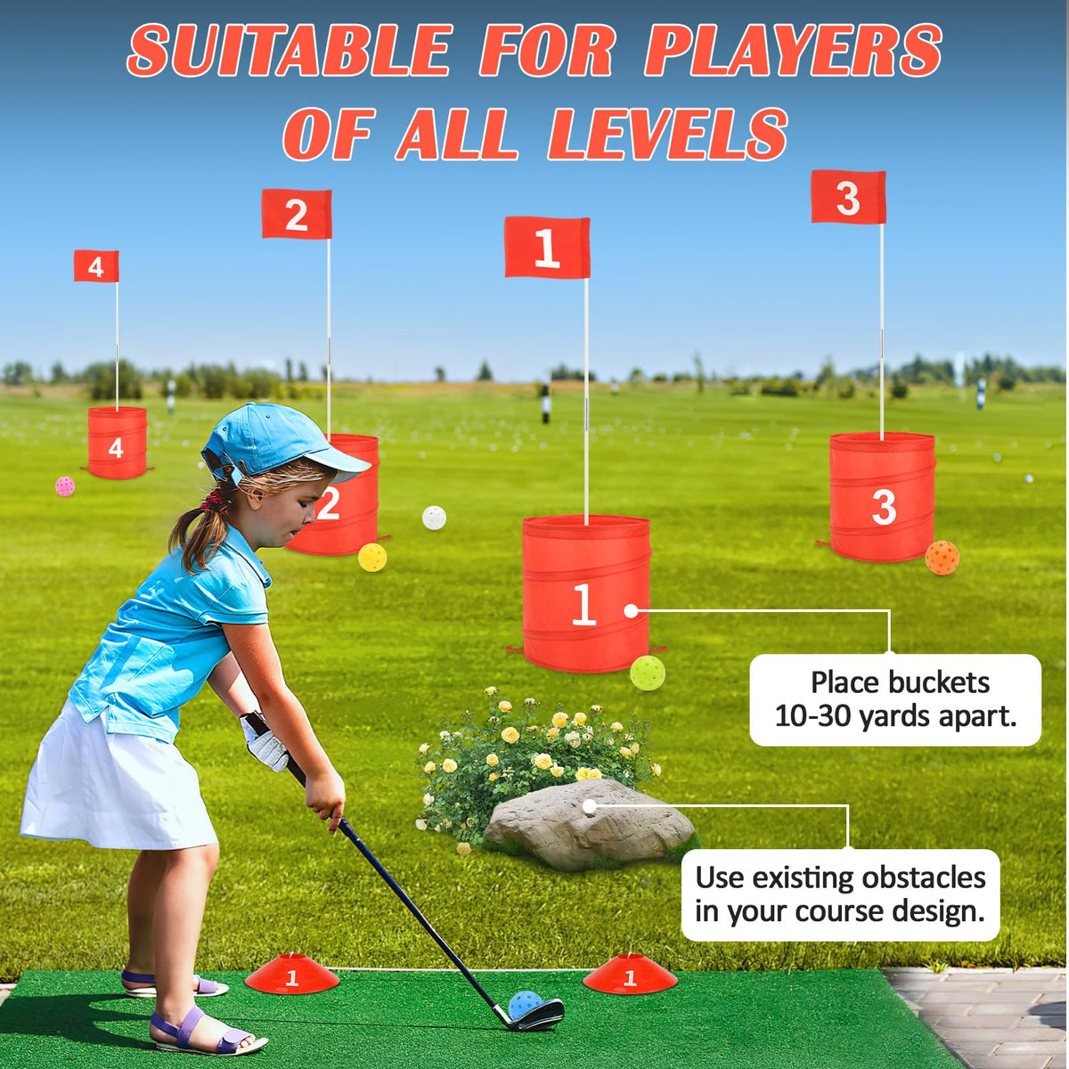 Flag sticks and tee boxes show complete play kit by deAO