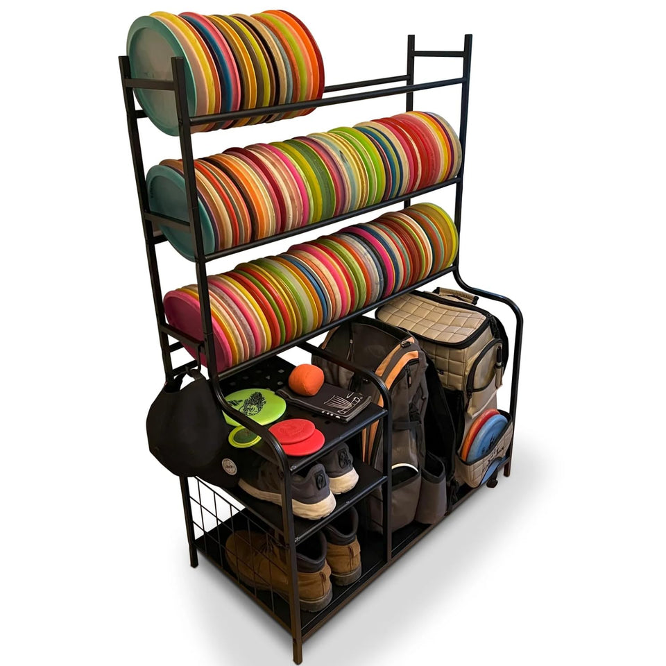DECORDEEP disc golf storage rack assembly for quick setup and access