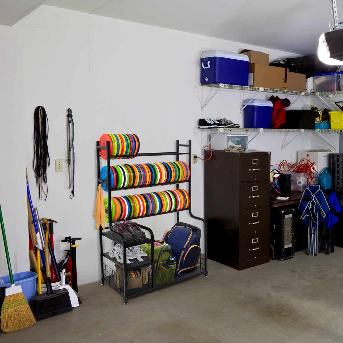 DECORDEEP disc golf storage rack fits basement corners with modern styling