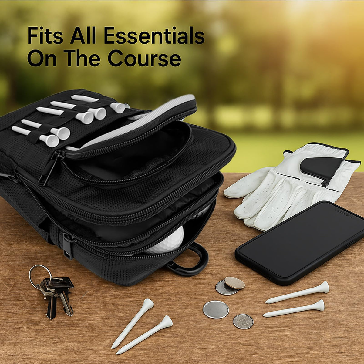 DEEALL golf pouch rugged nylon shell keeps gear dry in wet conditions.