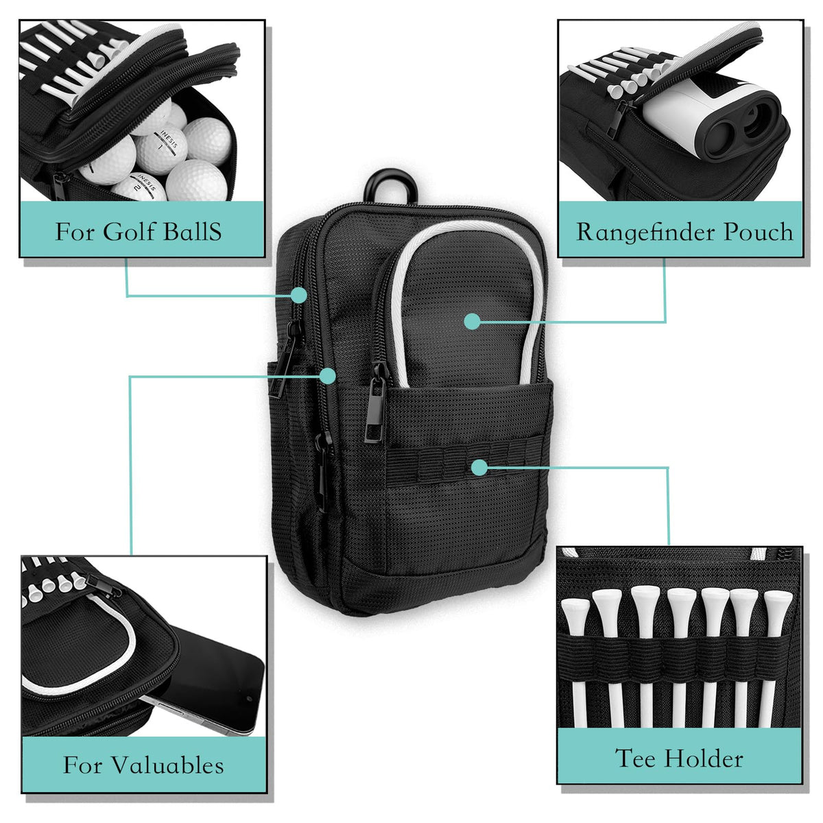 DEEALL water-resistant golf pouch with zip compartments protects tees, balls, and gloves during rain.