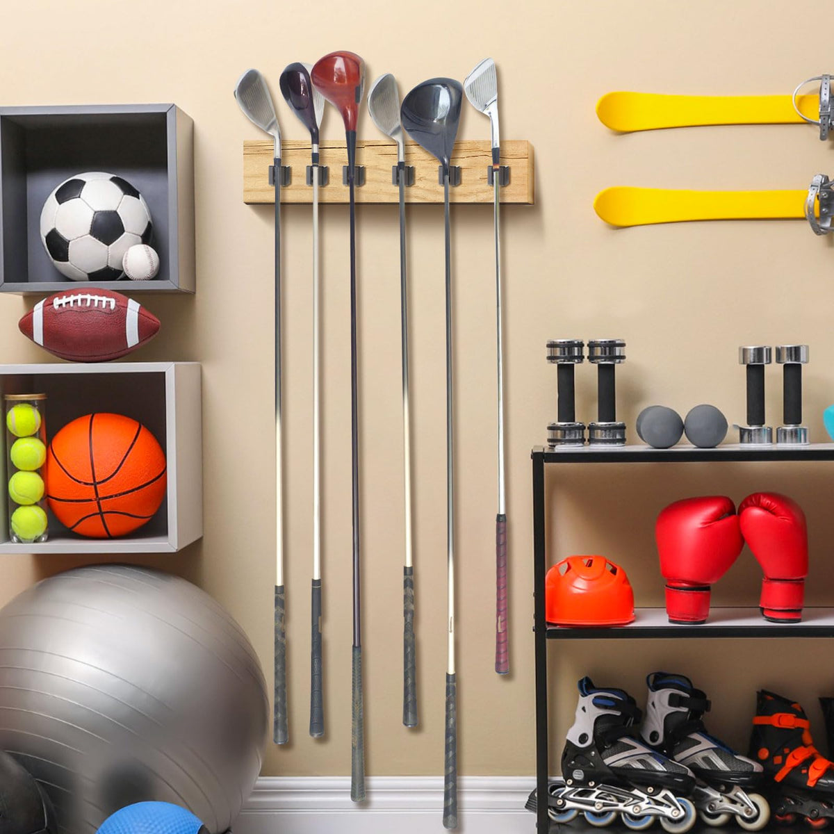 Deekin garage golf club rack installed to keep clubs neatly organized.