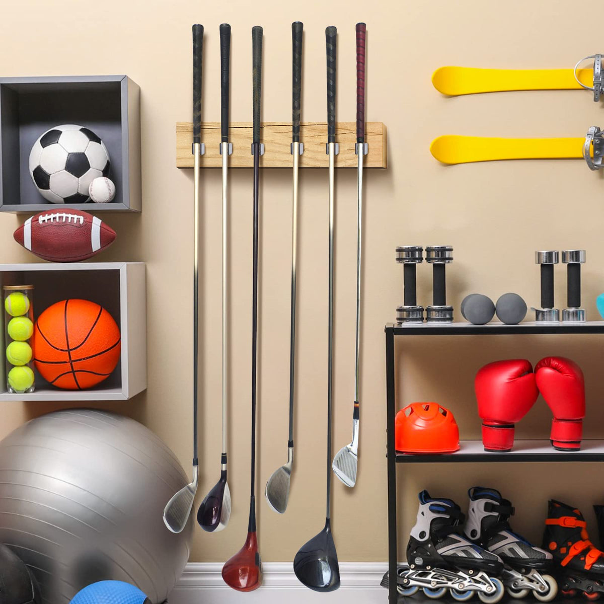Deekin garage organization with wall-mounted hangers for tidy clubs.