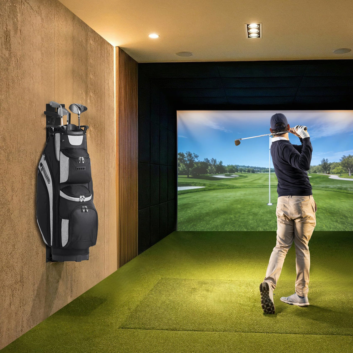 Deerift garage-basement storage golf bag rack fits compact spaces.