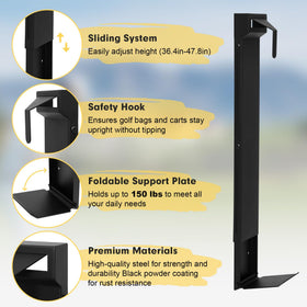 Deerift golf bag storage stand built with steel supports organized gear.