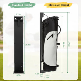 Deerift wall-mount golf bag rack extended arm enables easy bag access.