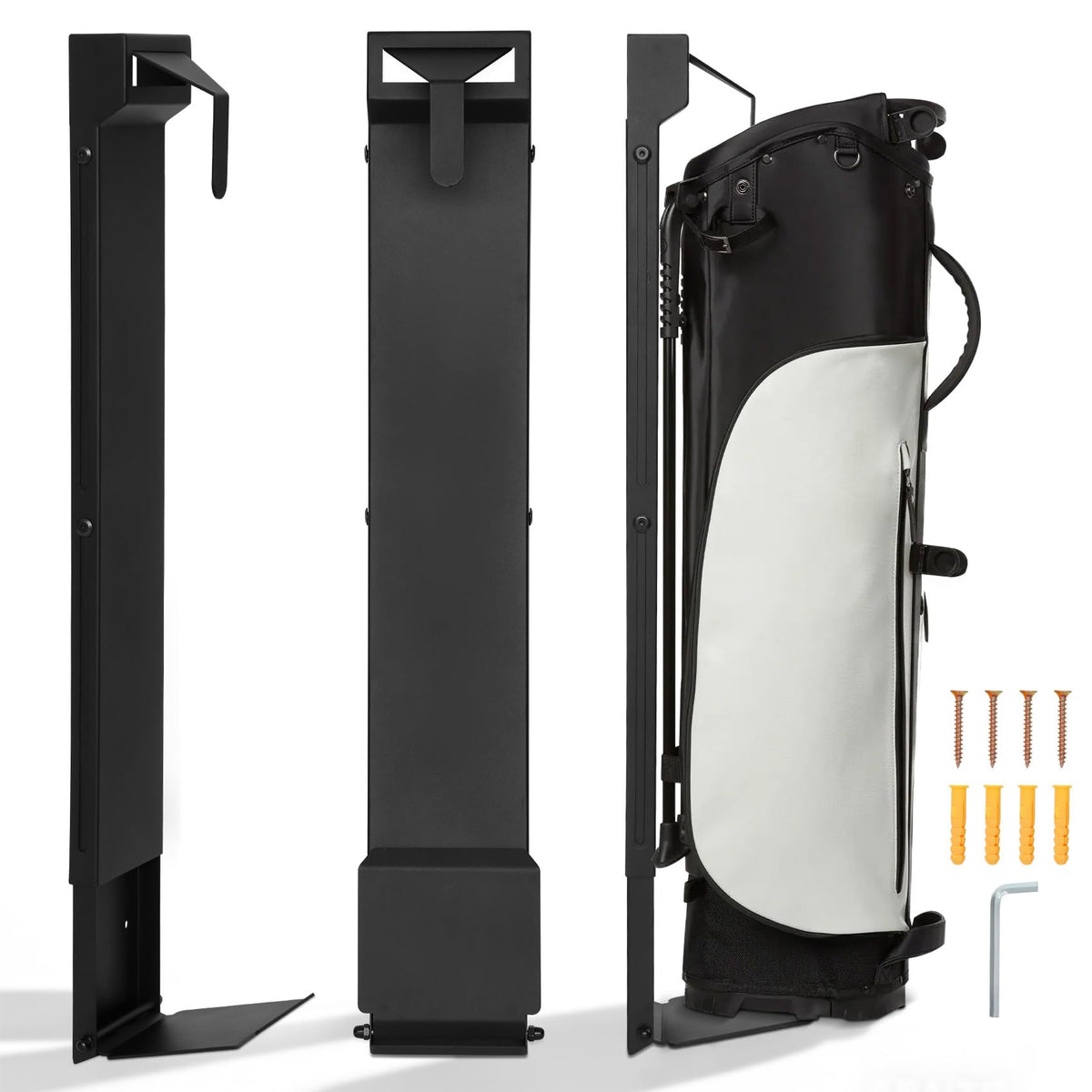 Deerift wall-mount golf bag rack front view demonstrates durable steel construction for long-lasting storage.