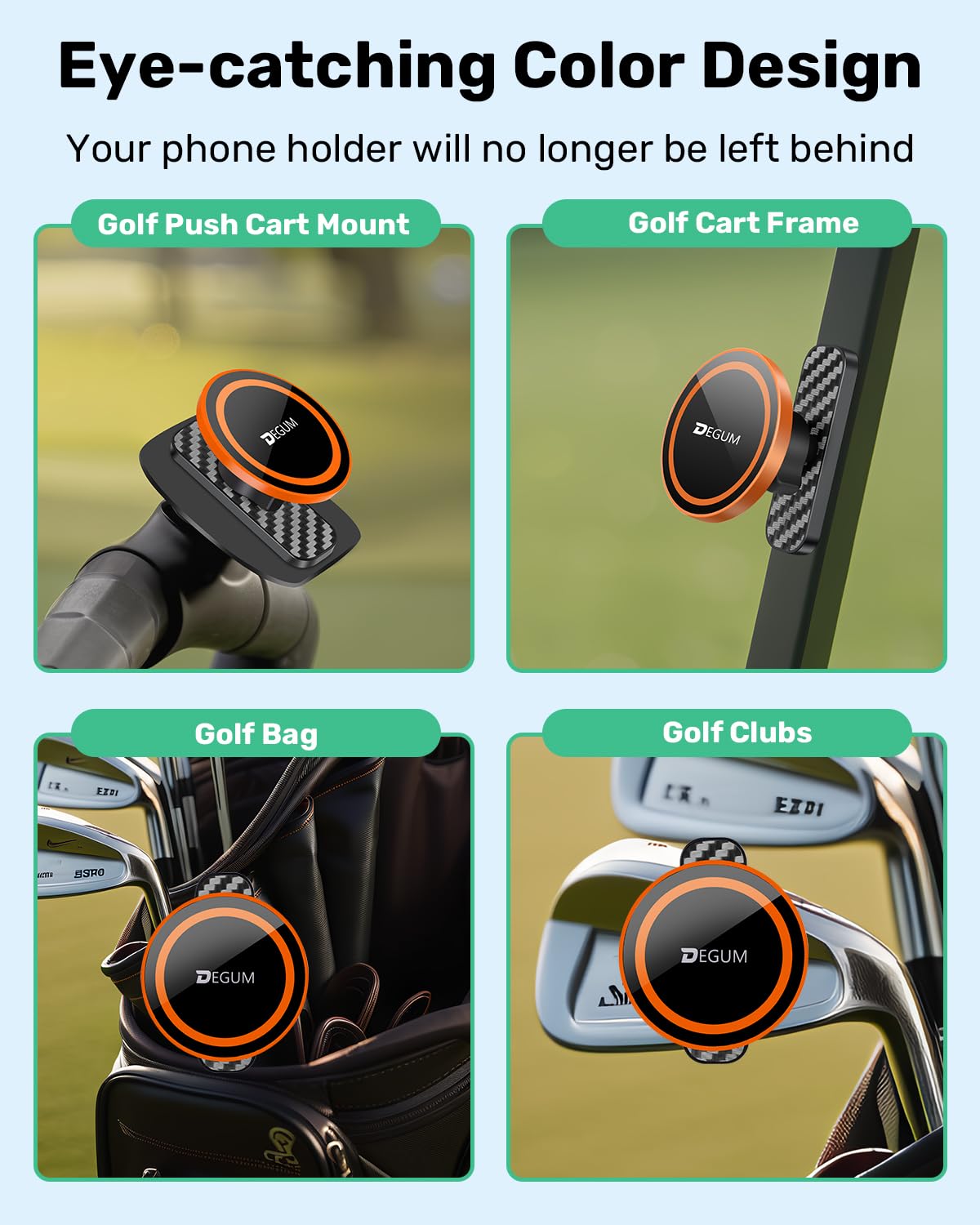 DEGUM Golf Cart Phone Holder showing 360-degree rotation for versatile viewing angles.