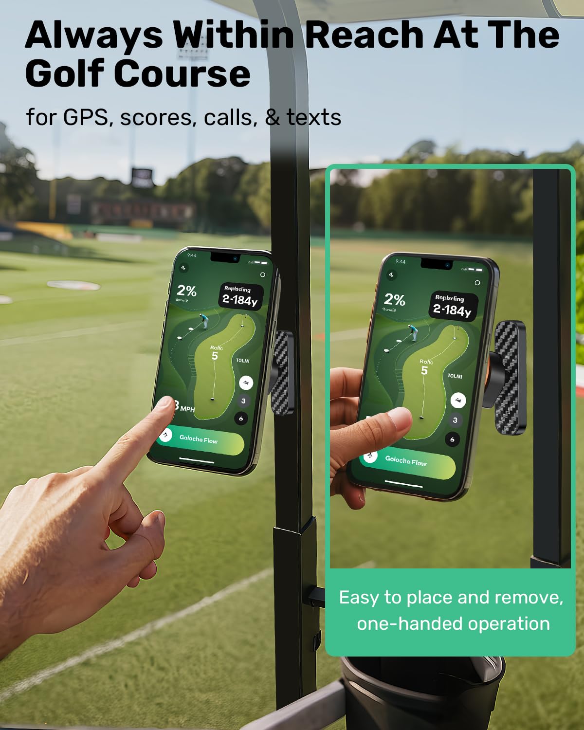 DEGUM Magnetic Golf Cart Phone Holder with back magnet holding firmly during rough terrain.