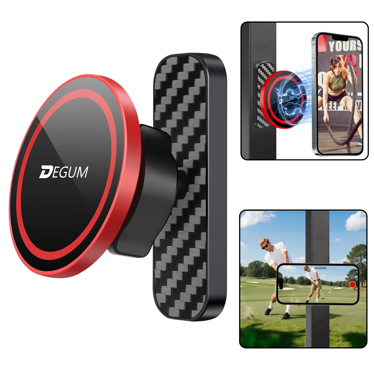DEGUM magnetic golf cart phone holder with front magnet for secure grip.