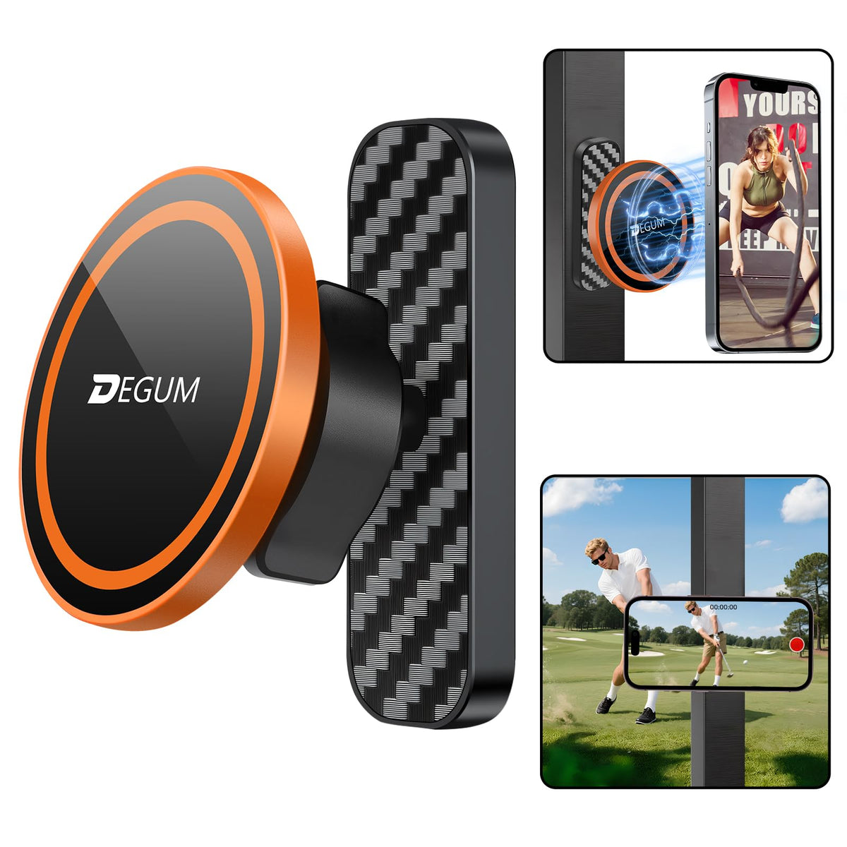 DEGUM Magnetic Golf Cart Phone Holder with front magnet securing a phone on the cart frame for GPS use.