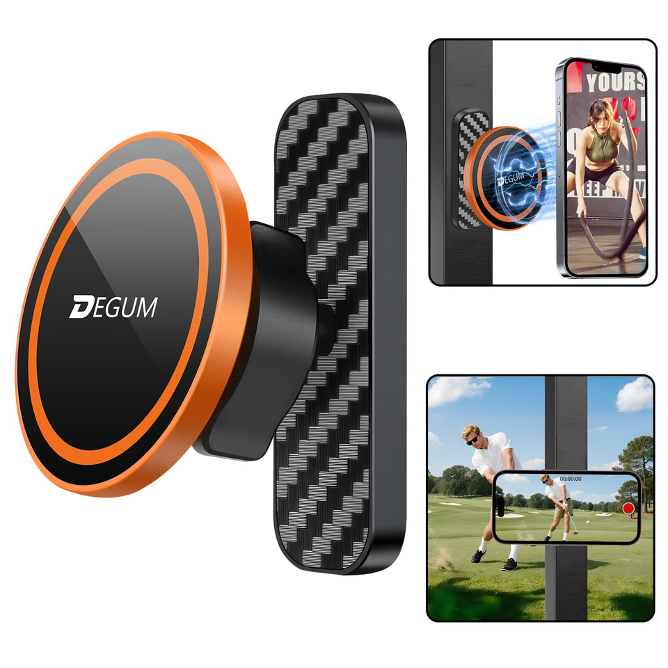 DEGUM Magnetic Golf Cart Phone Holder with front magnet securing a phone on the cart frame for GPS use.
