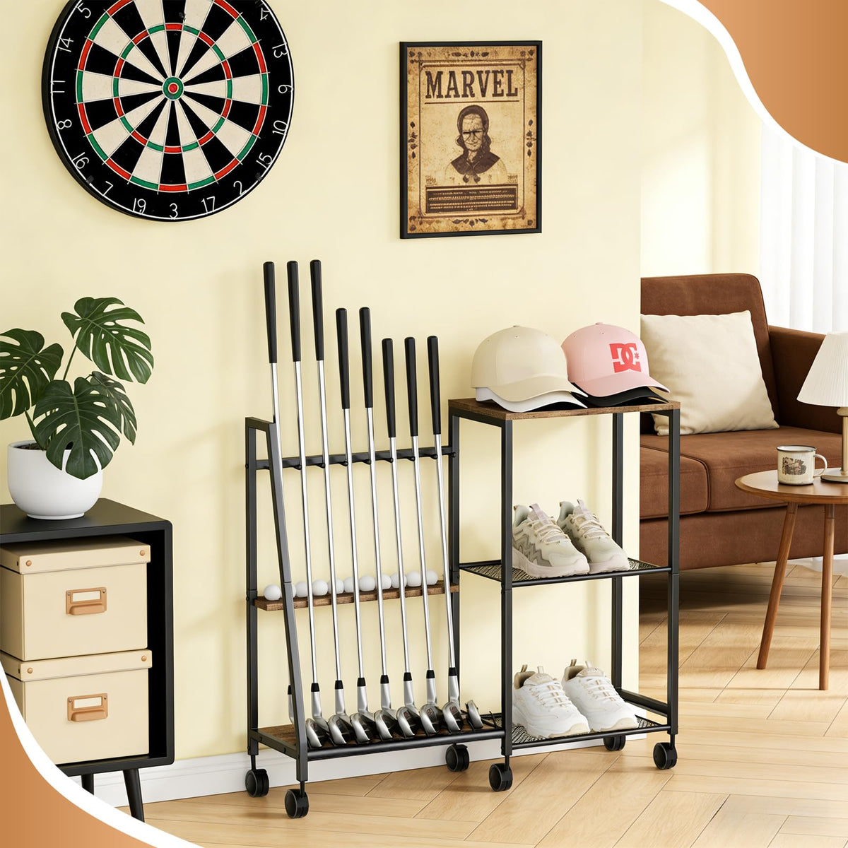 DEMEGA golf club rack shoe and hat area, spacious and tidy.