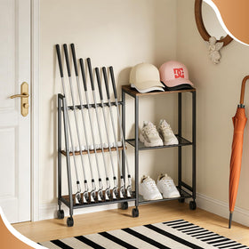DEMEGA golf club rack with wheels, front view, keeps clubs organized and accessible.