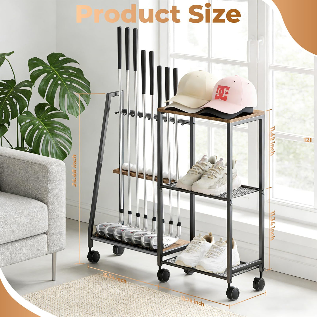DEMEGA golf club rack with wheels, wood detail, durable organization for gear.