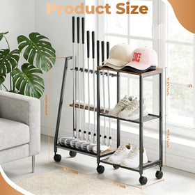 DEMEGA golf club rack with wheels, wood detail, durable organization for gear.