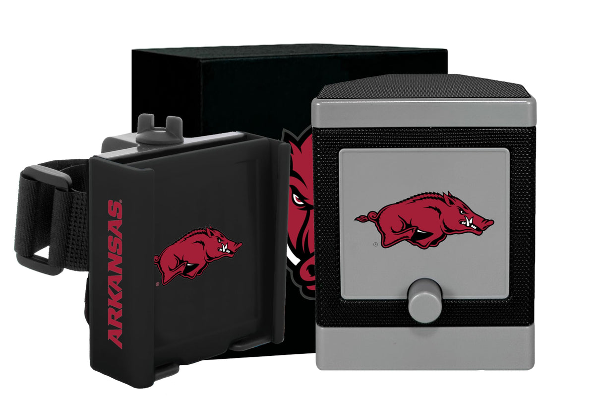 DESERT FOX GOLF Cart Phone Caddy displays Razorbacks logo for fan on-course branding.