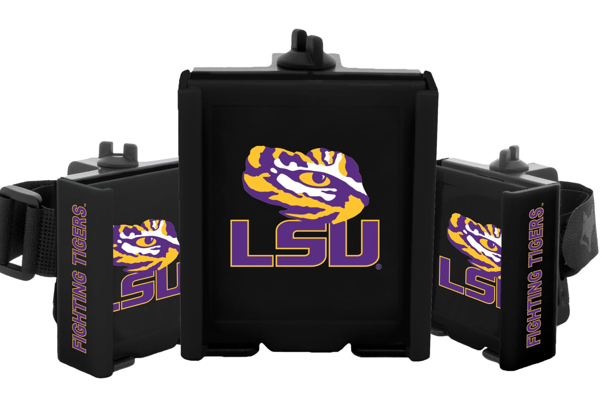 DESERT FOX GOLF cart phone caddy front view with LSU logo for quick GPS access