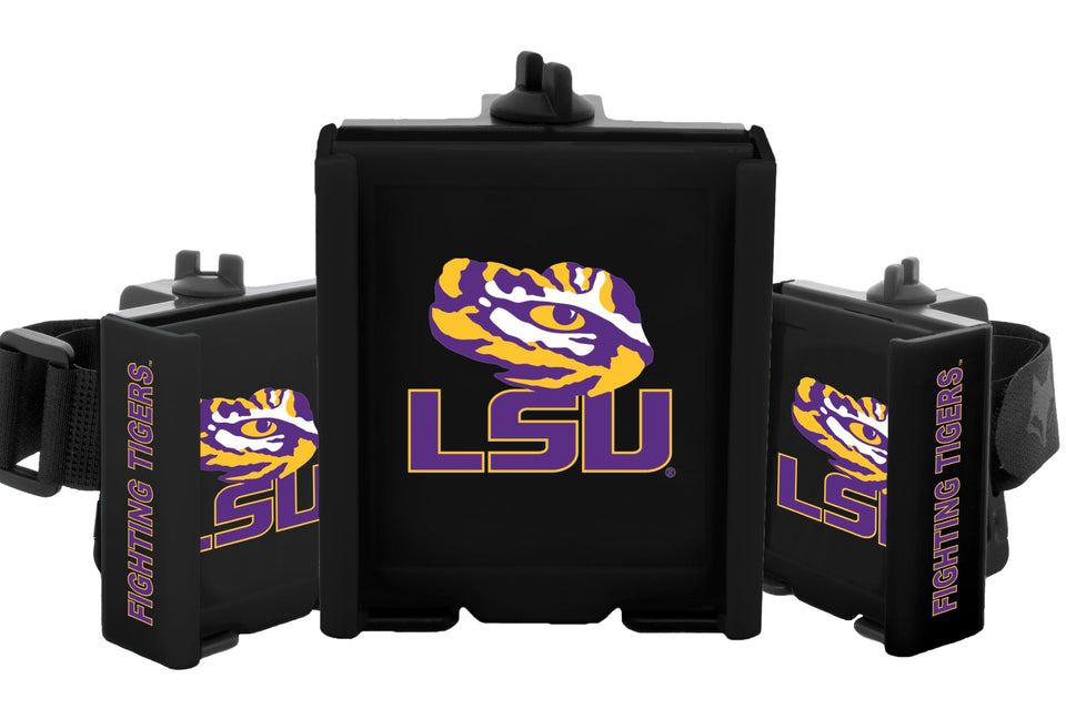 DESERT FOX GOLF cart phone caddy front view with LSU logo for quick GPS access