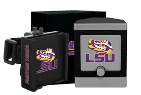 Desert Fox Golf cart phone caddy with LSU Tigers logo for secure phone holding.