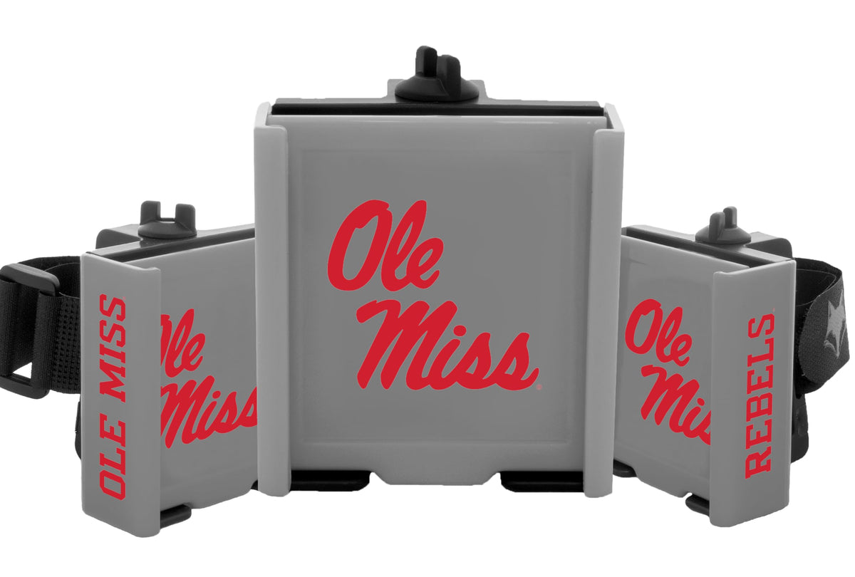 DESERT FOX GOLF Cart Phone Caddy on Ole Miss cart with secure logo display and ready-to-use access