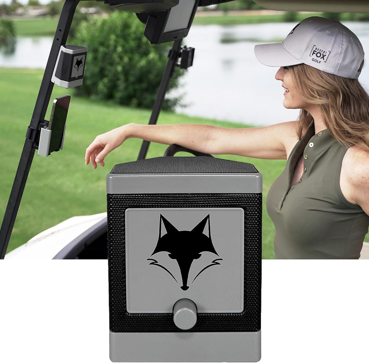 DESERT FOX GOLF Phone Caddy secured with military-grade Velcro on the cart.