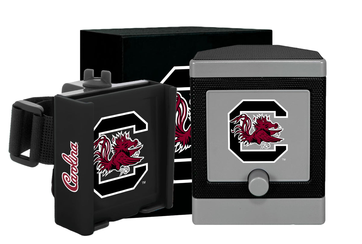 DESERT FOX GOLF Cart Phone Caddy on a cart with Gamecocks branding for easy phone access.