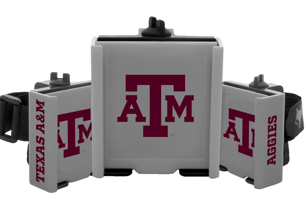 Desert Fox golf cart phone caddy with Texas A&M Aggies branding for quick GPS access.