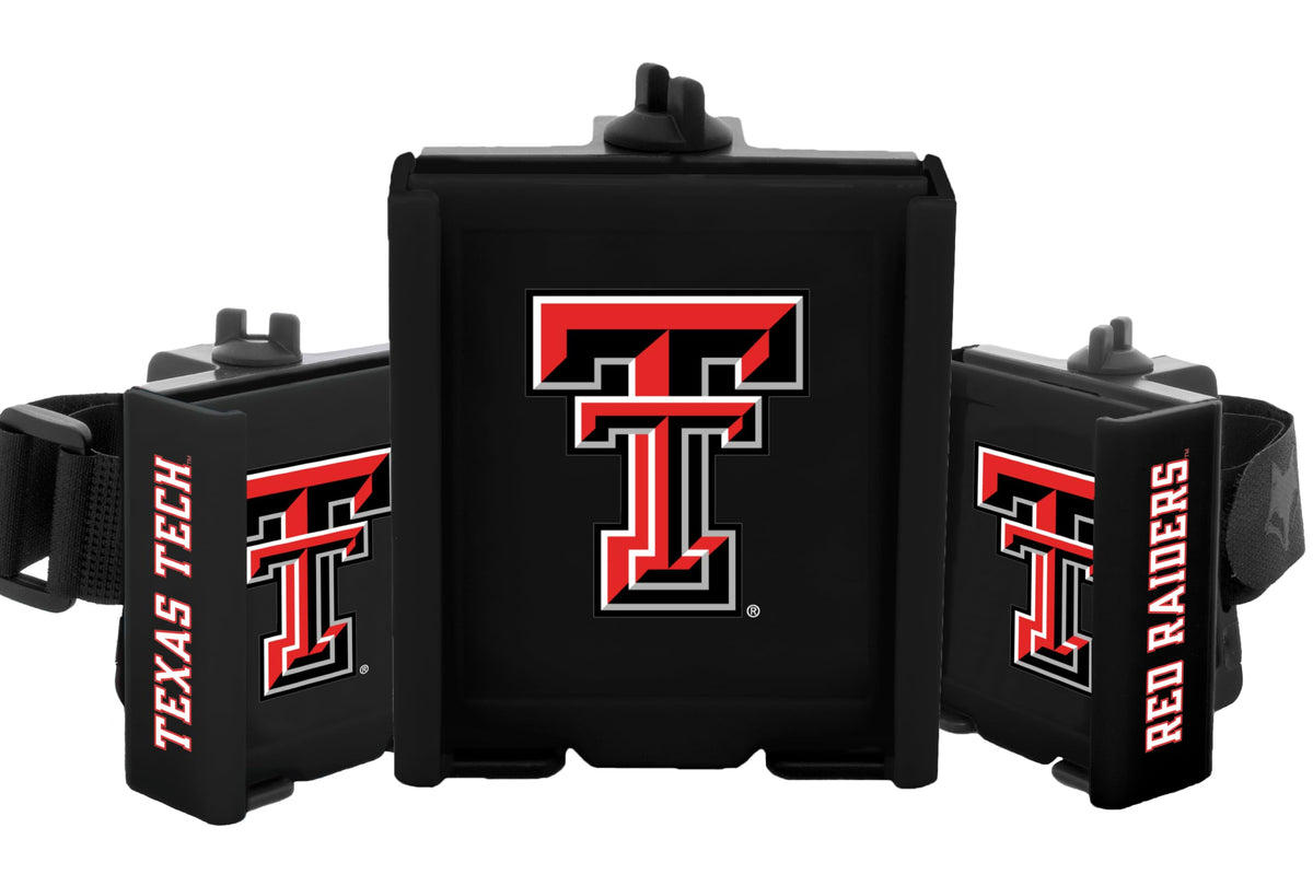 DESERT FOX GOLF cart phone caddy image shows secure setup for Red Raiders fans on the course.