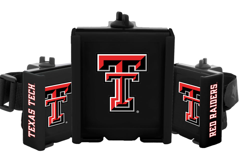 DESERT FOX GOLF cart phone caddy image shows secure setup for Red Raiders fans on the course.