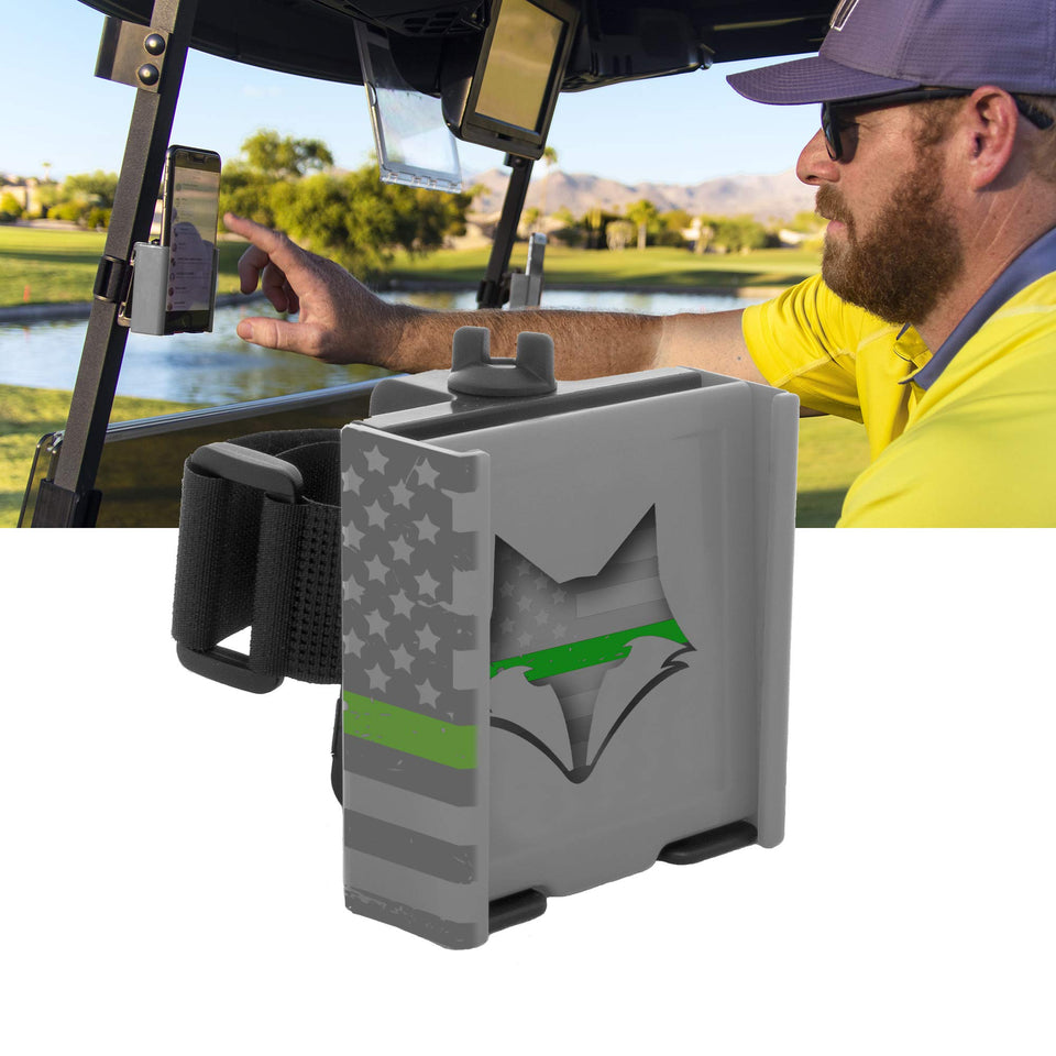 DESERT FOX GOLF Phone Caddy mounted on cart with American flag design for quick access