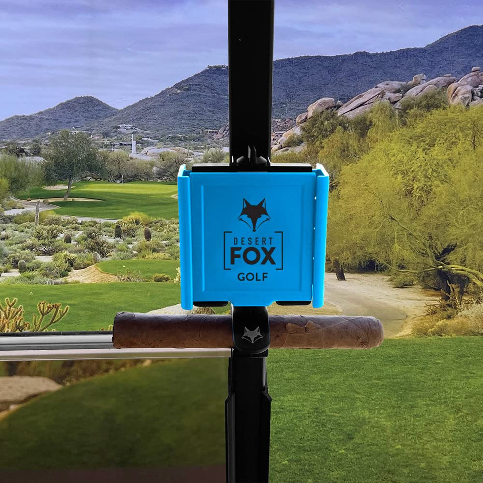 DESERT FOX GOLF phone caddy on a blue mount holds phone securely for easy GPS access