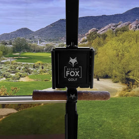 Desert Fox Golf Phone Caddy Black on cart holds phone and cigar securely.
