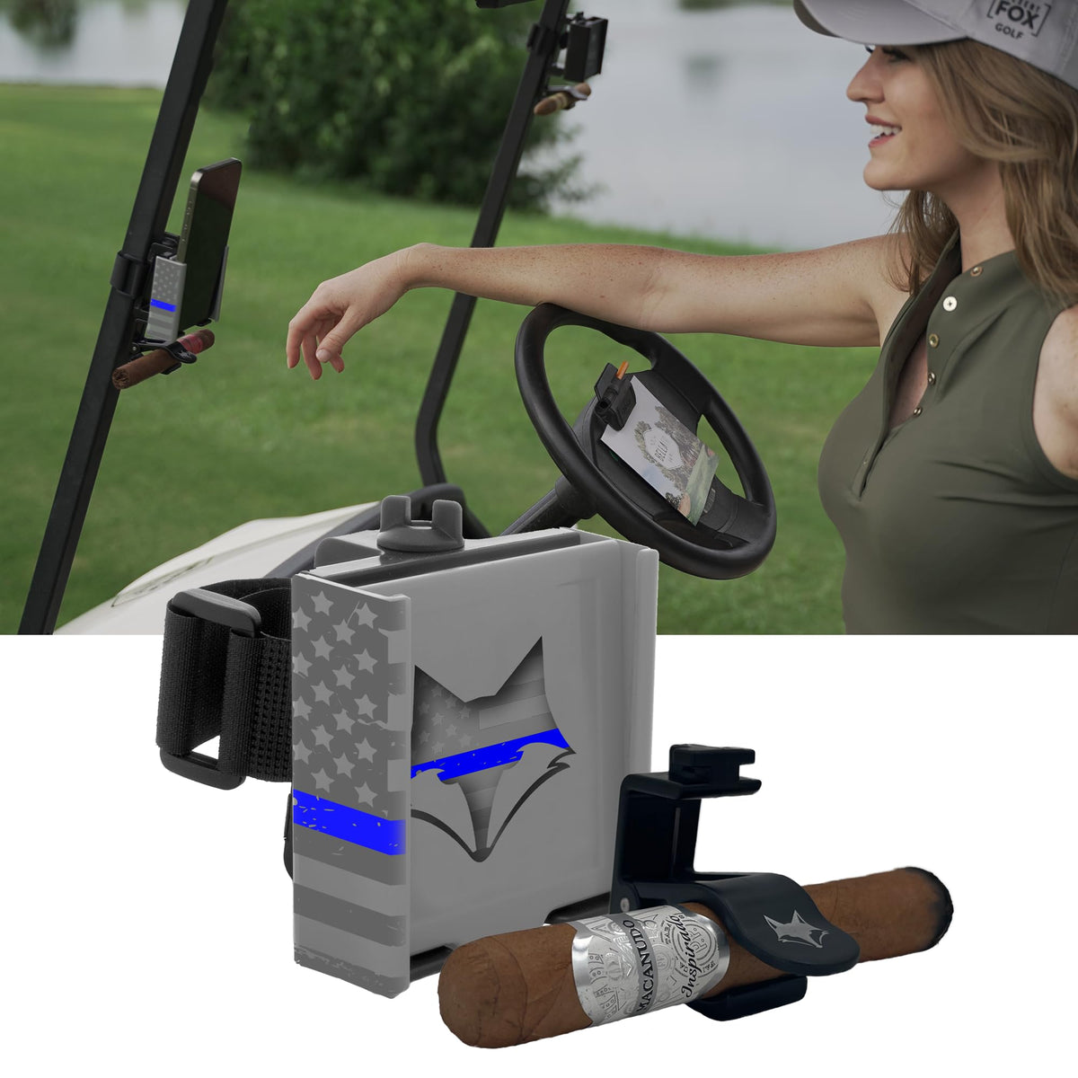 DESERT FOX GOLF Phone Caddy with Cigar Holder in Blue Line keeps your phone secure during rounds.
