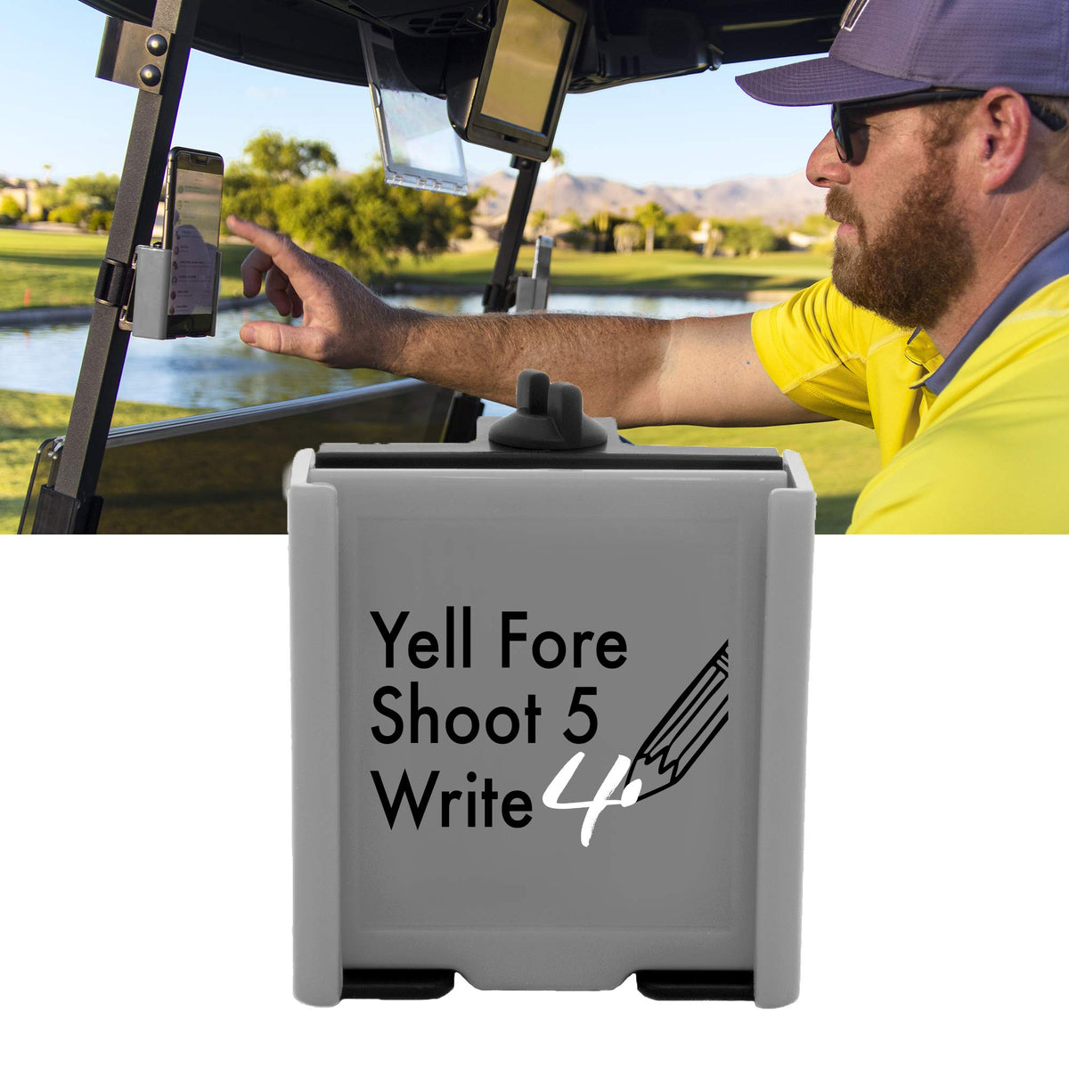 DESERT FOX GOLF Phone Caddy front view holding phone securely for yardage