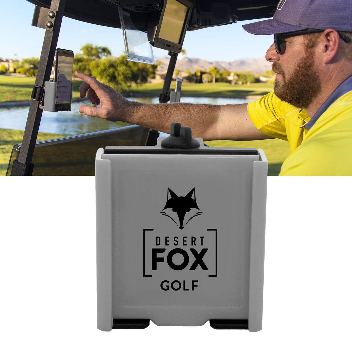DESERT FOX GOLF Phone Caddy Gray shows adjusted-fit close-up for a snug phone fit.