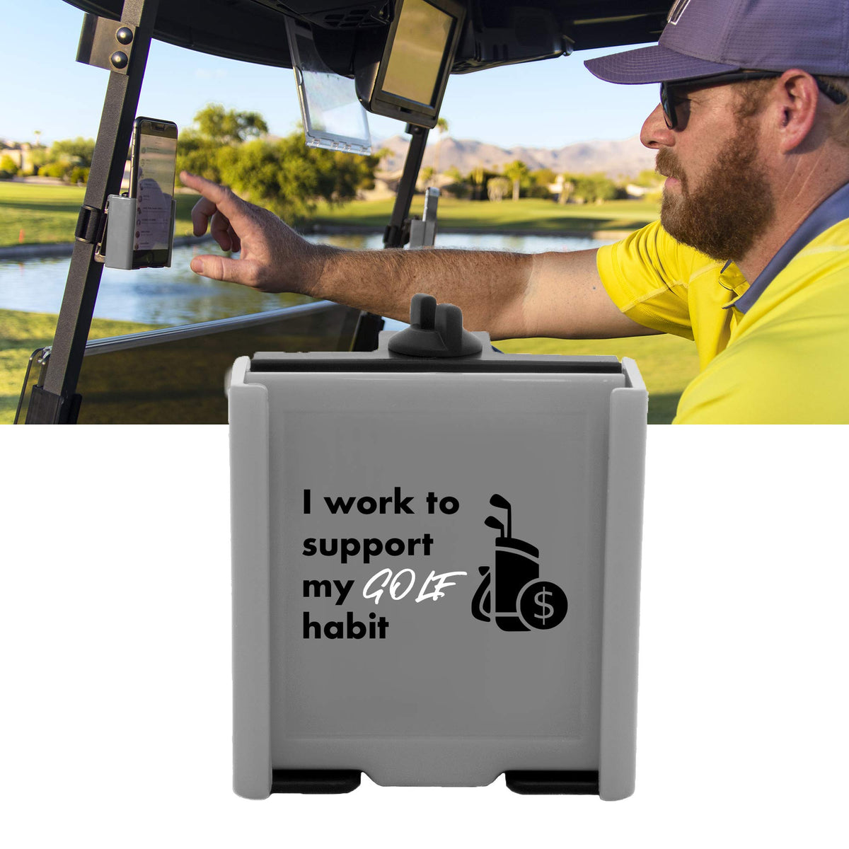 DESERT FOX GOLF Phone Caddy on a cart holds your phone securely during rounds.