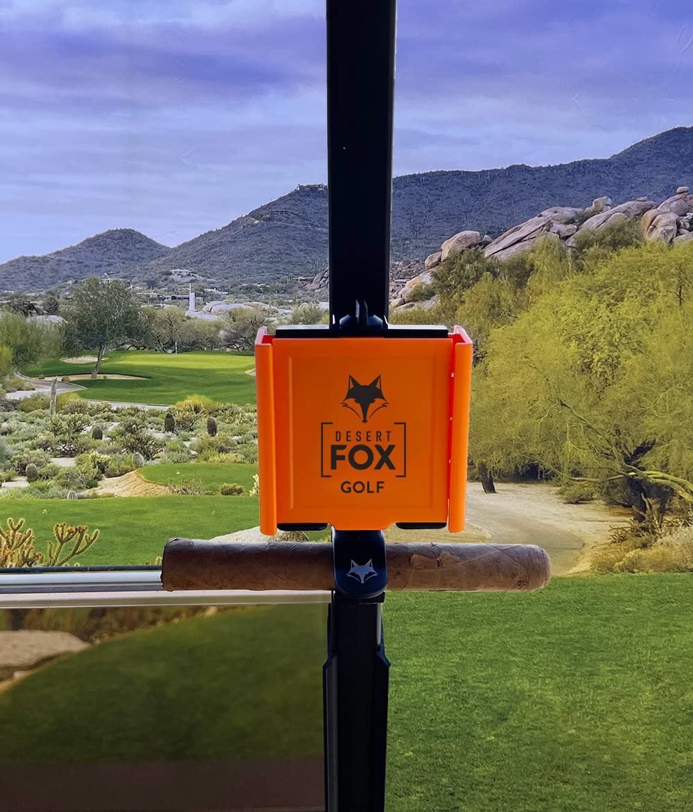 DESERT FOX GOLF Phone Caddy on cart securely holds phone during the round.