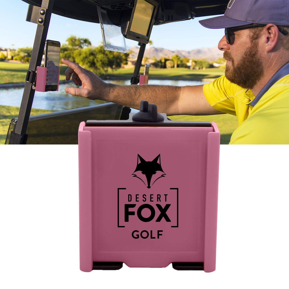 DESERT FOX GOLF Phone Caddy Pink shows adjustable-fit for phones and cases.