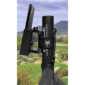 DESERT FOX GOLF Phone Caddy on push cart clip keeps phone accessible.