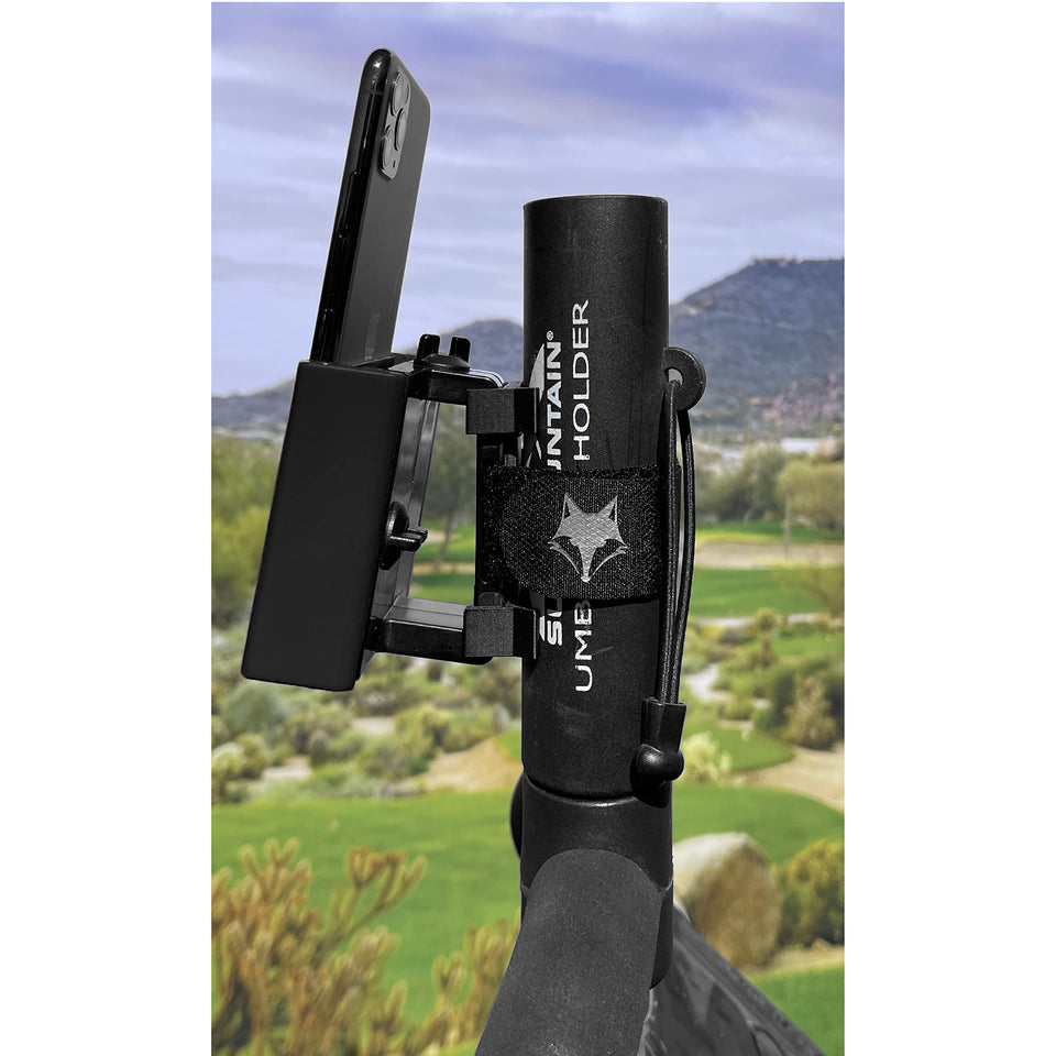 DESERT FOX GOLF Phone Caddy on push cart clip keeps phone accessible.