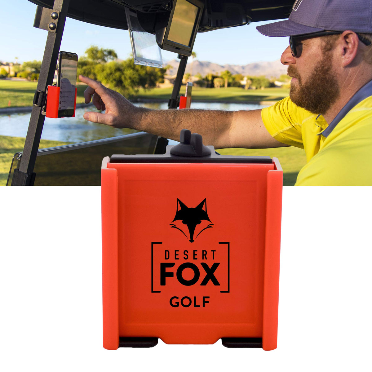 DESERT FOX GOLF Phone Caddy front view in red boosts quick phone access.